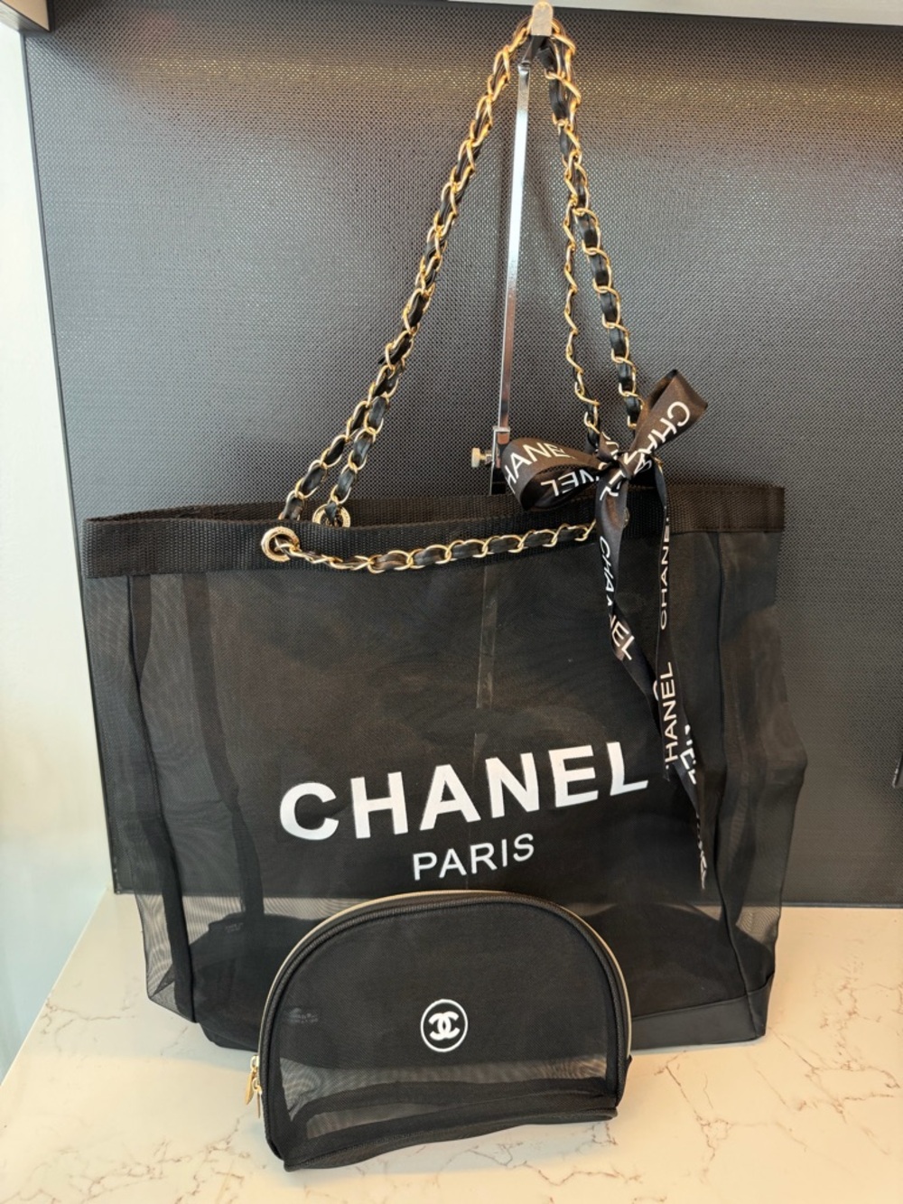 CHANEL BLACK MESH BEAUTY TOTE BAG BEACH PURSE MAKEUP TRAVEL SHOULDER CC coco